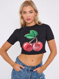 Glitter Detail Cherry Graphic Printed Crop Top