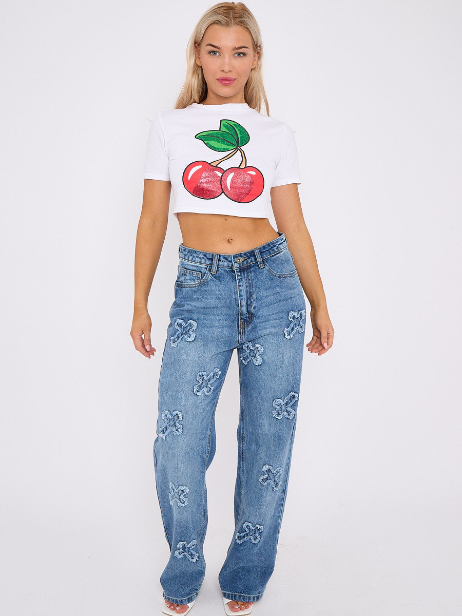 Crucifix Embroidered Straight Leg Denim Jeans