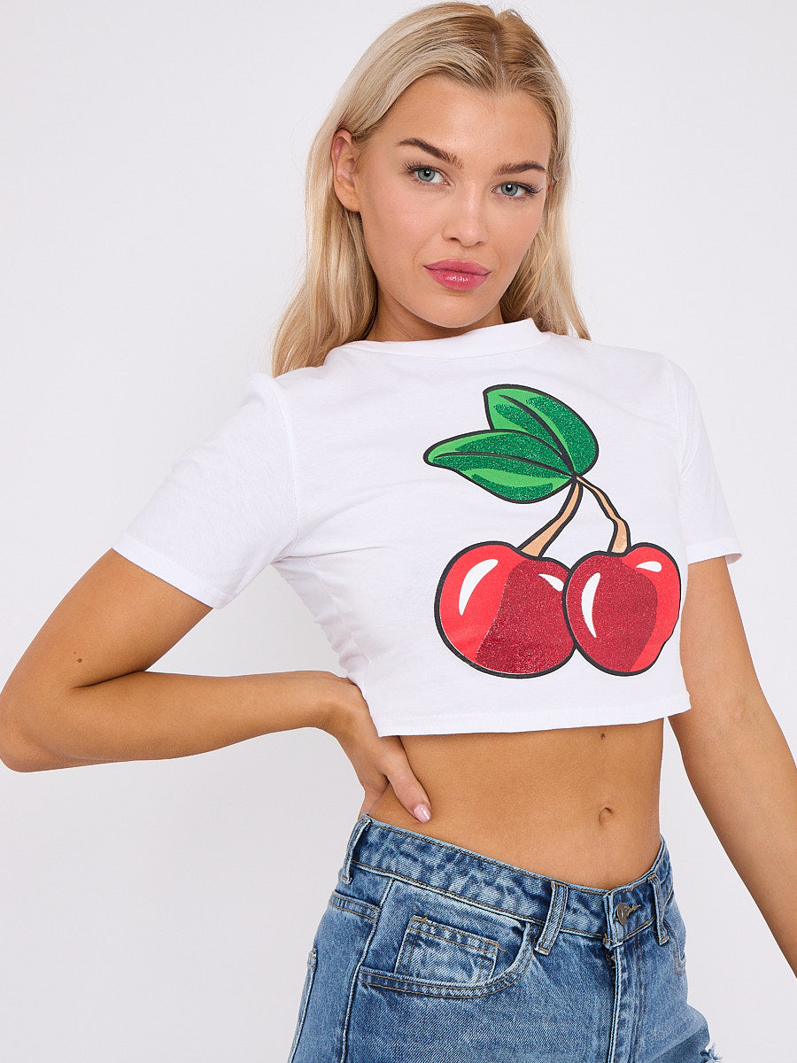 Glitter Detail Cherry Graphic Printed Crop Top