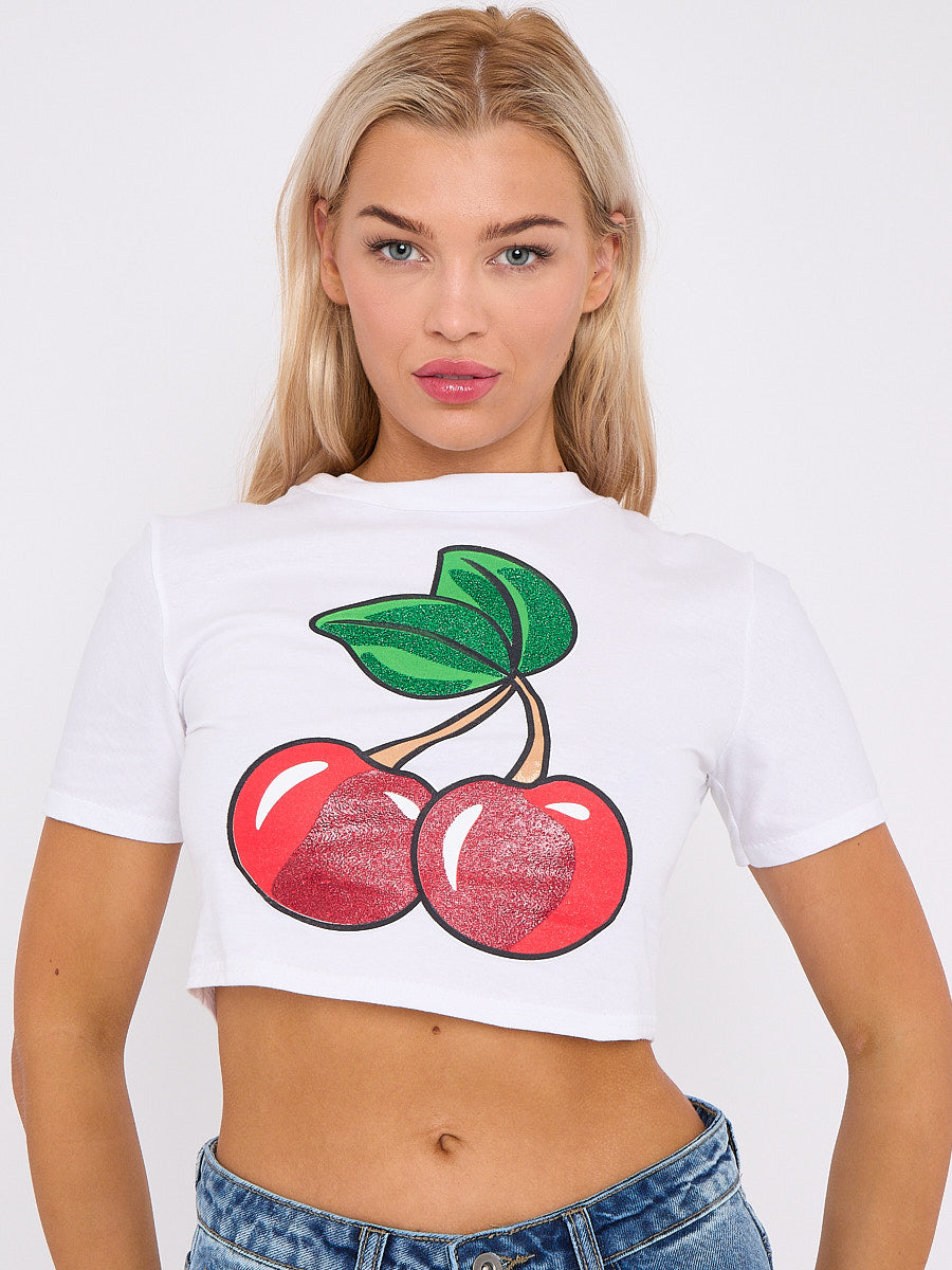 Glitter Detail Cherry Graphic Printed Crop Top