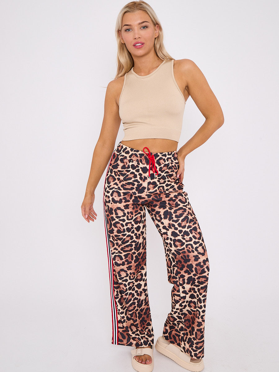 Side Stripe Leopard Print Straight Leg Trousers