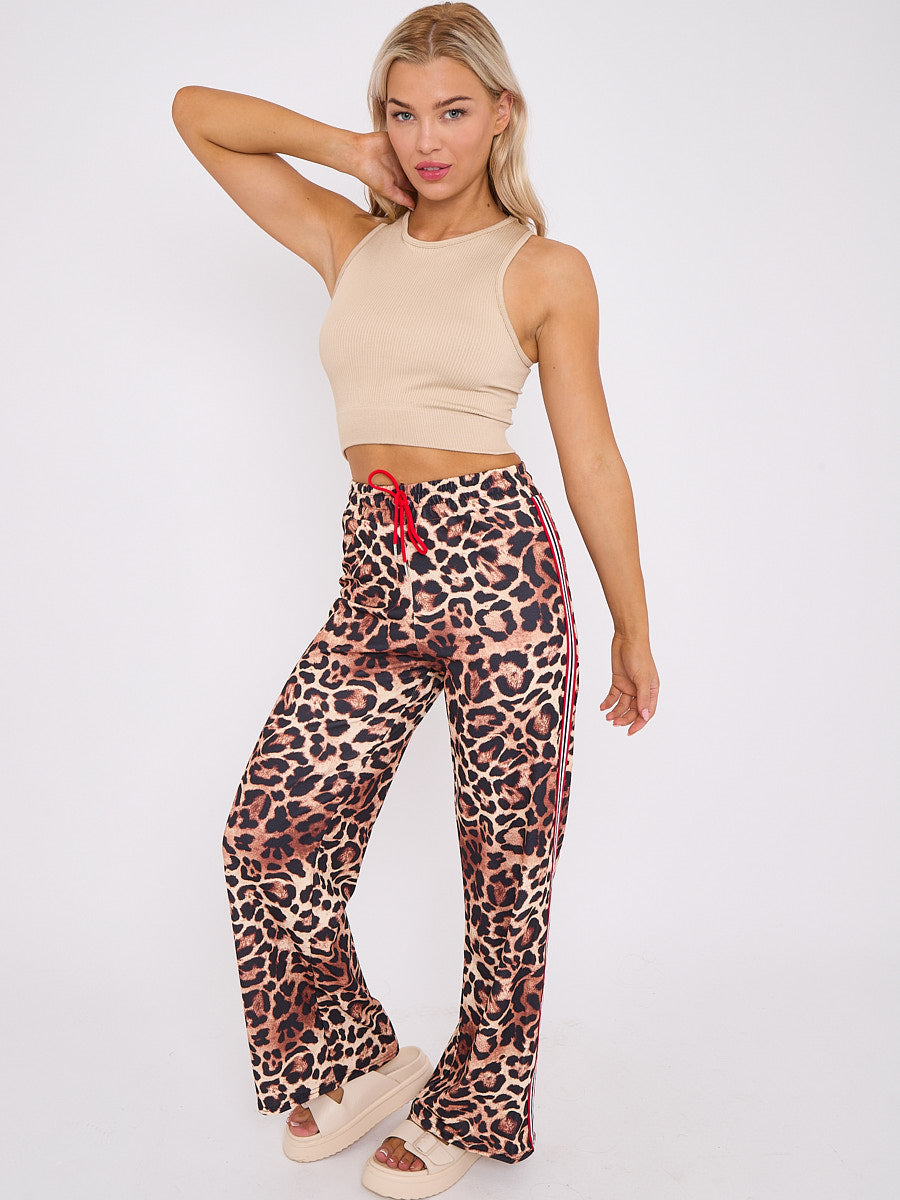 Side Stripe Leopard Print Straight Leg Trousers