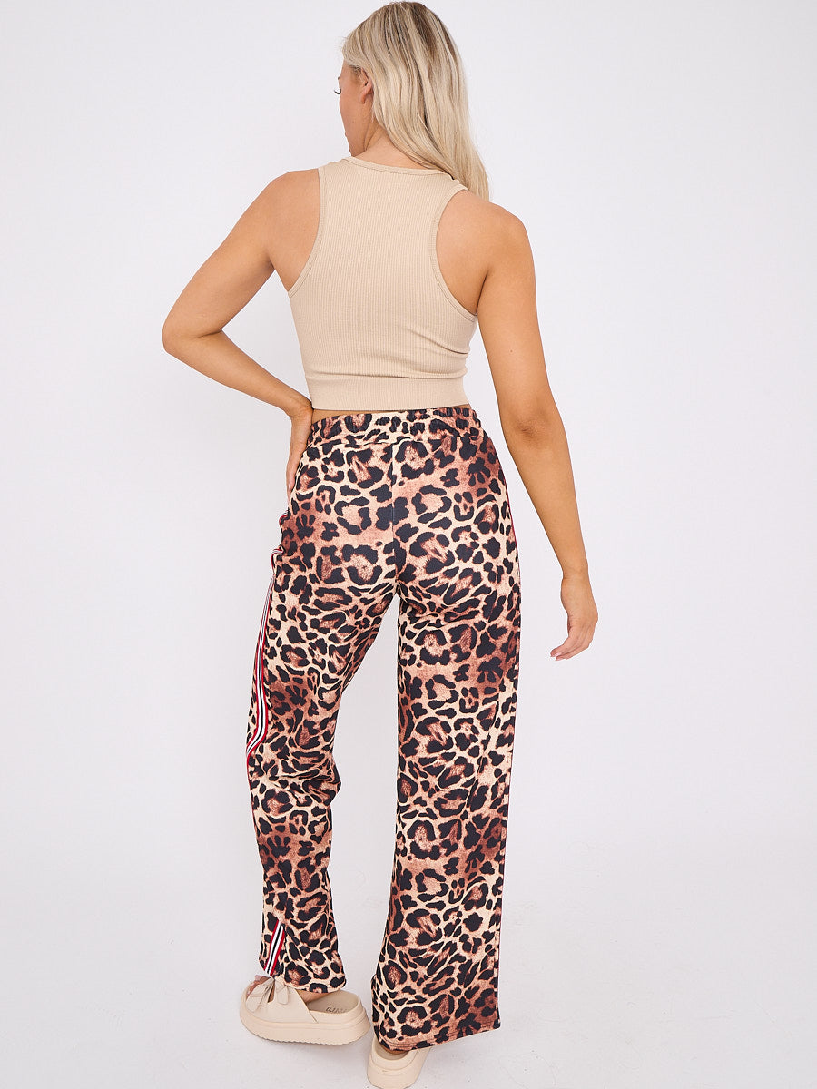 Side Stripe Leopard Print Straight Leg Trousers