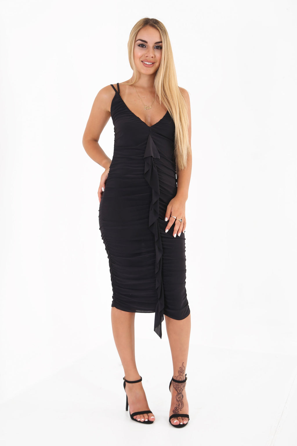 Ruffle Frill Ruched Slinky Bodycon Dress