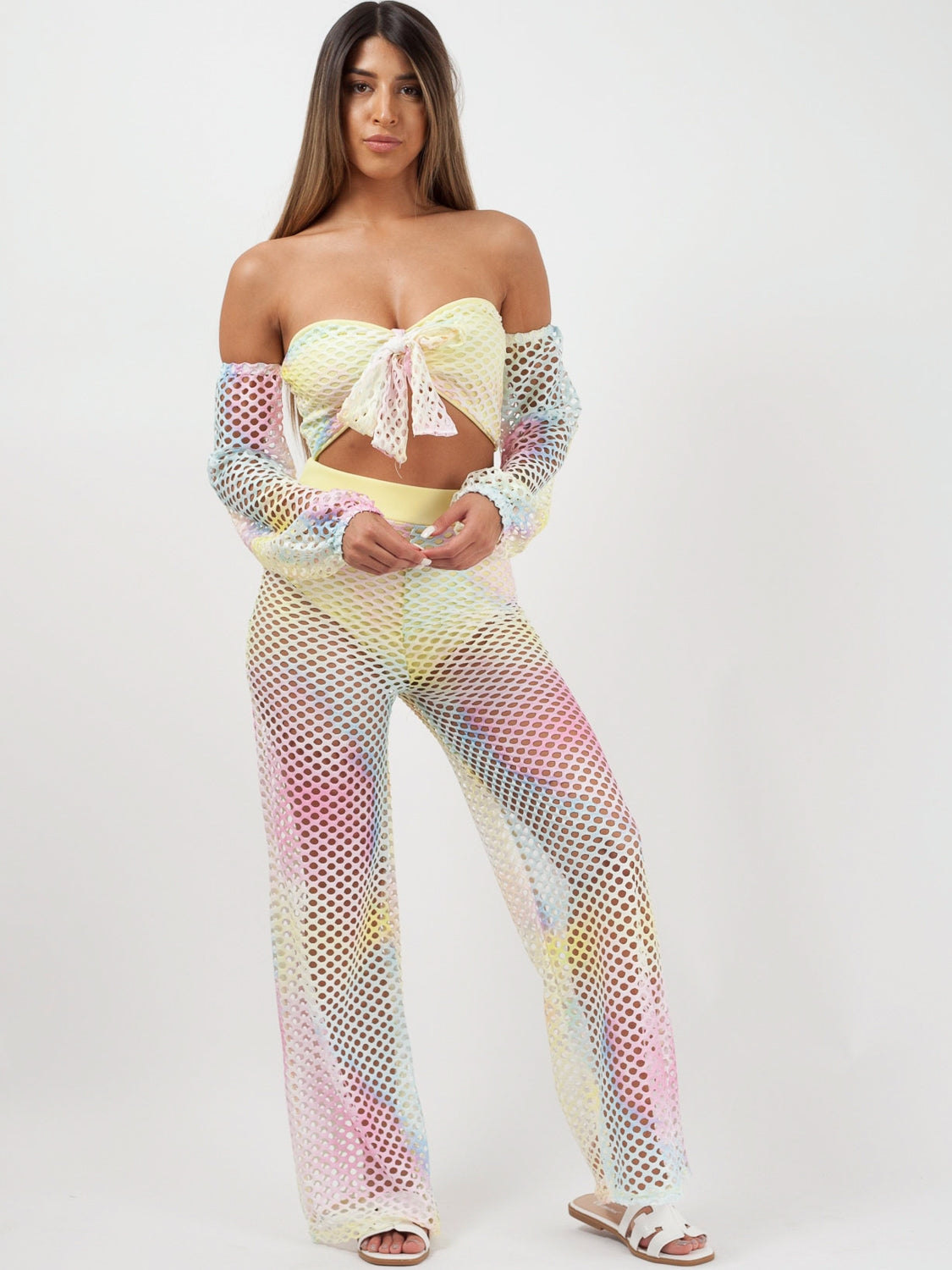 Multi Fishnet Tie Crop Top & Trouser Co-ord