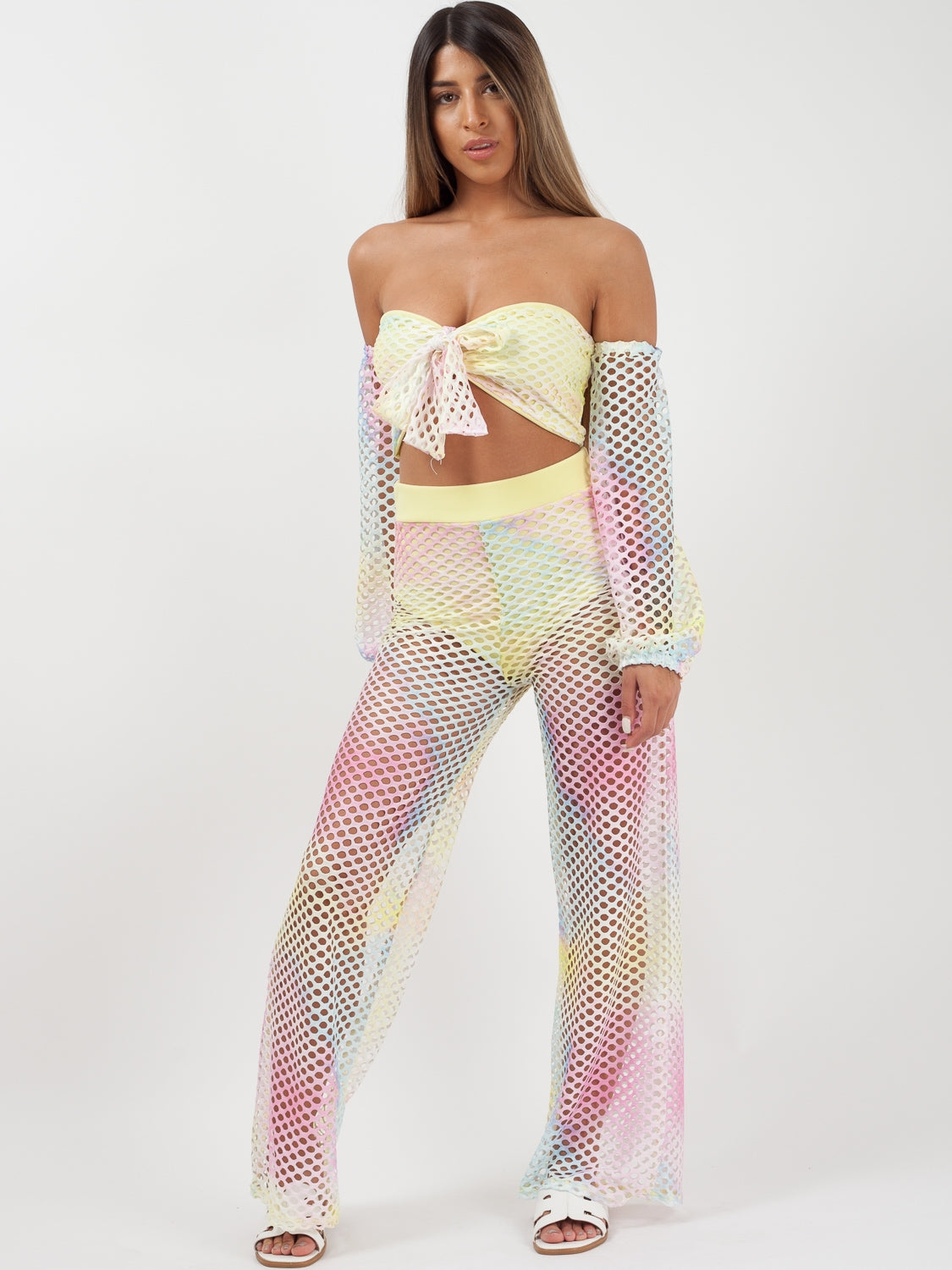Multi Fishnet Tie Crop Top & Trouser Co-ord