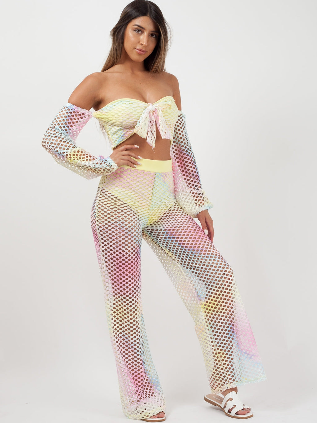 Multi Fishnet Tie Crop Top & Trouser Co-ord