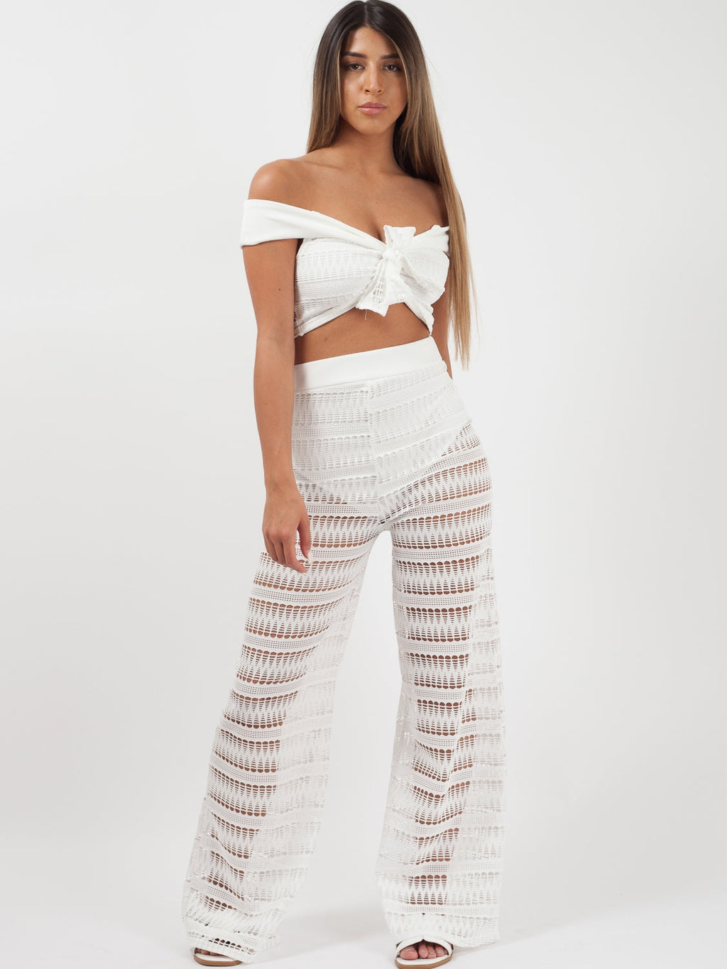 Crochet Bardot Crop Top & Trouser Co-ord