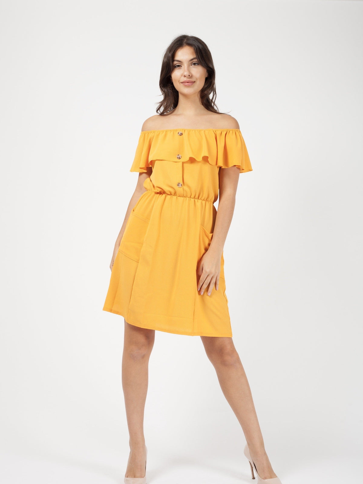 Mock Button Frill Bardot Dress