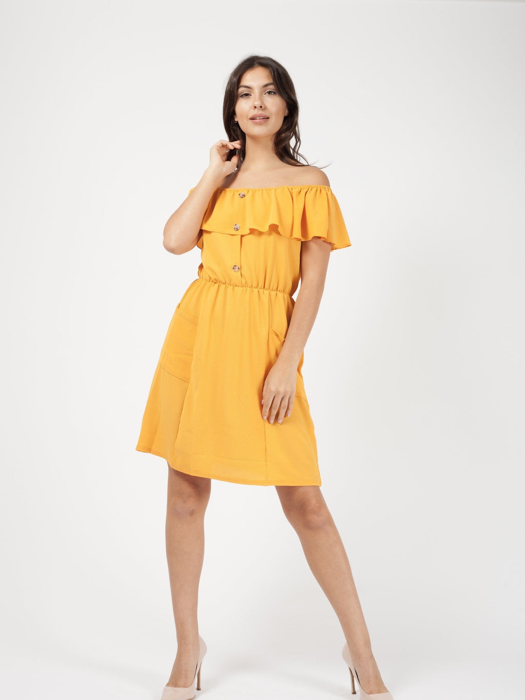 Mock Button Frill Bardot Dress