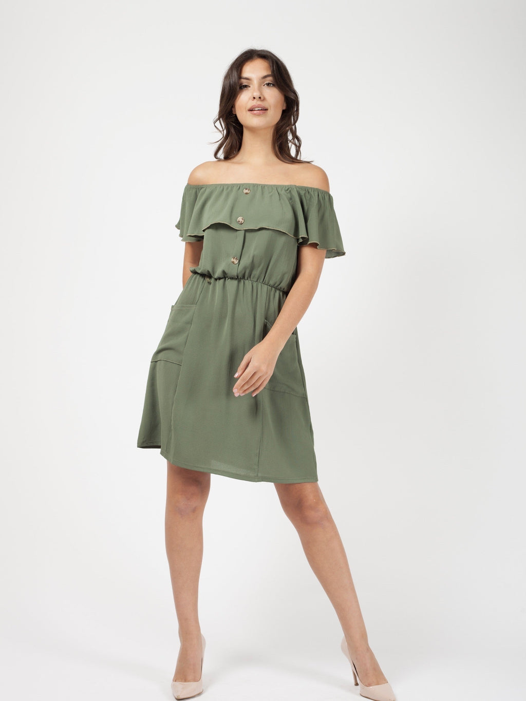 Mock Button Frill Bardot Dress