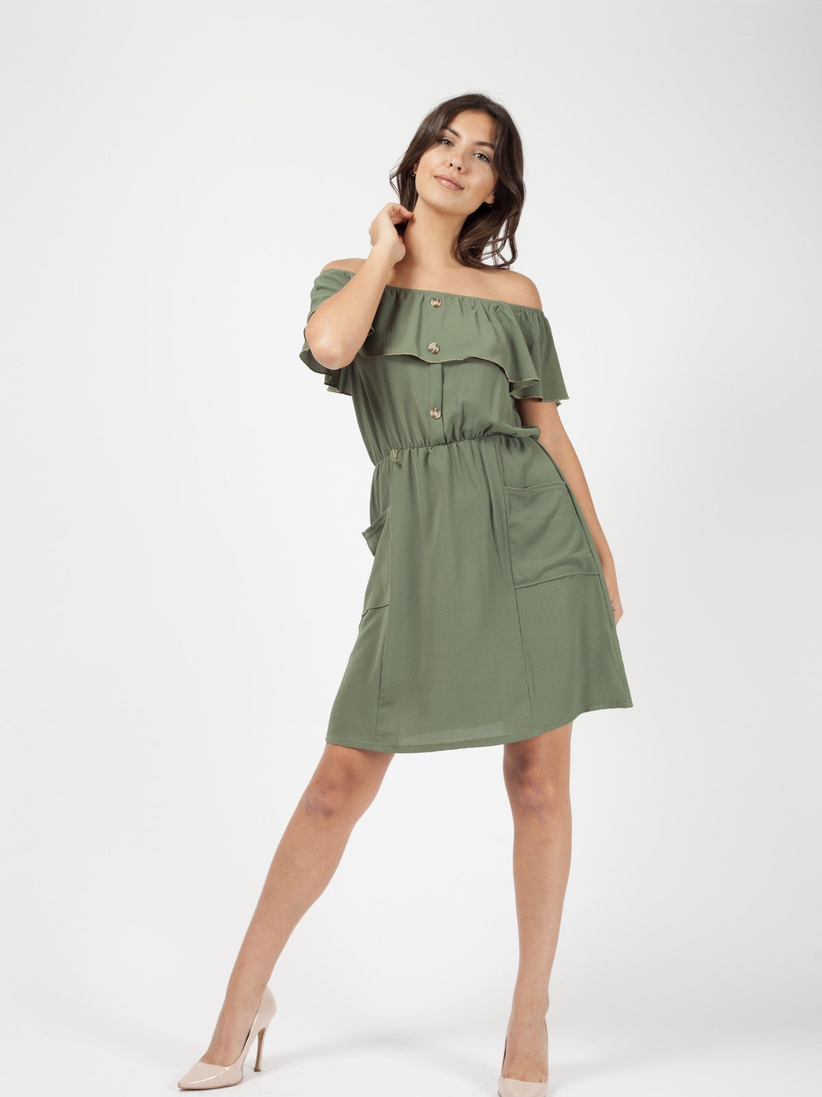 Mock Button Frill Bardot Dress