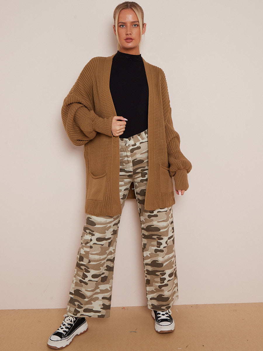 Waist Length Balloon Sleeve Knitted Cardigan