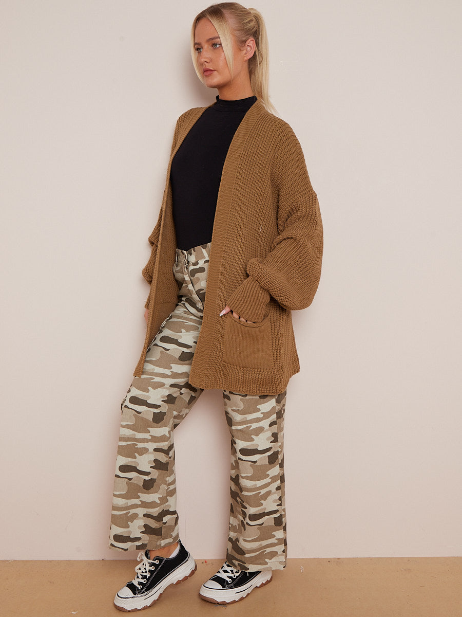 Waist Length Balloon Sleeve Knitted Cardigan