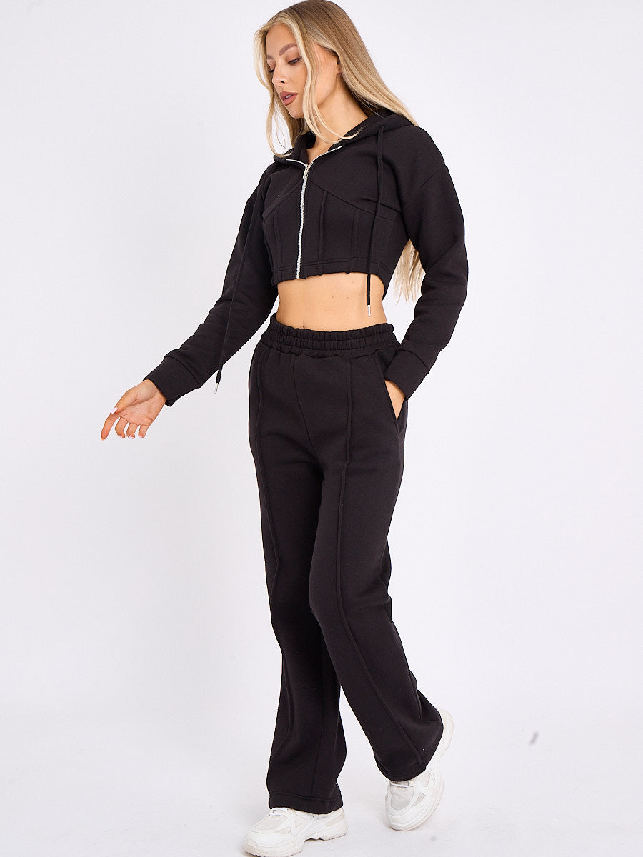 Corset Style Zip Up Cropped Hoodie Fleece Co-ord