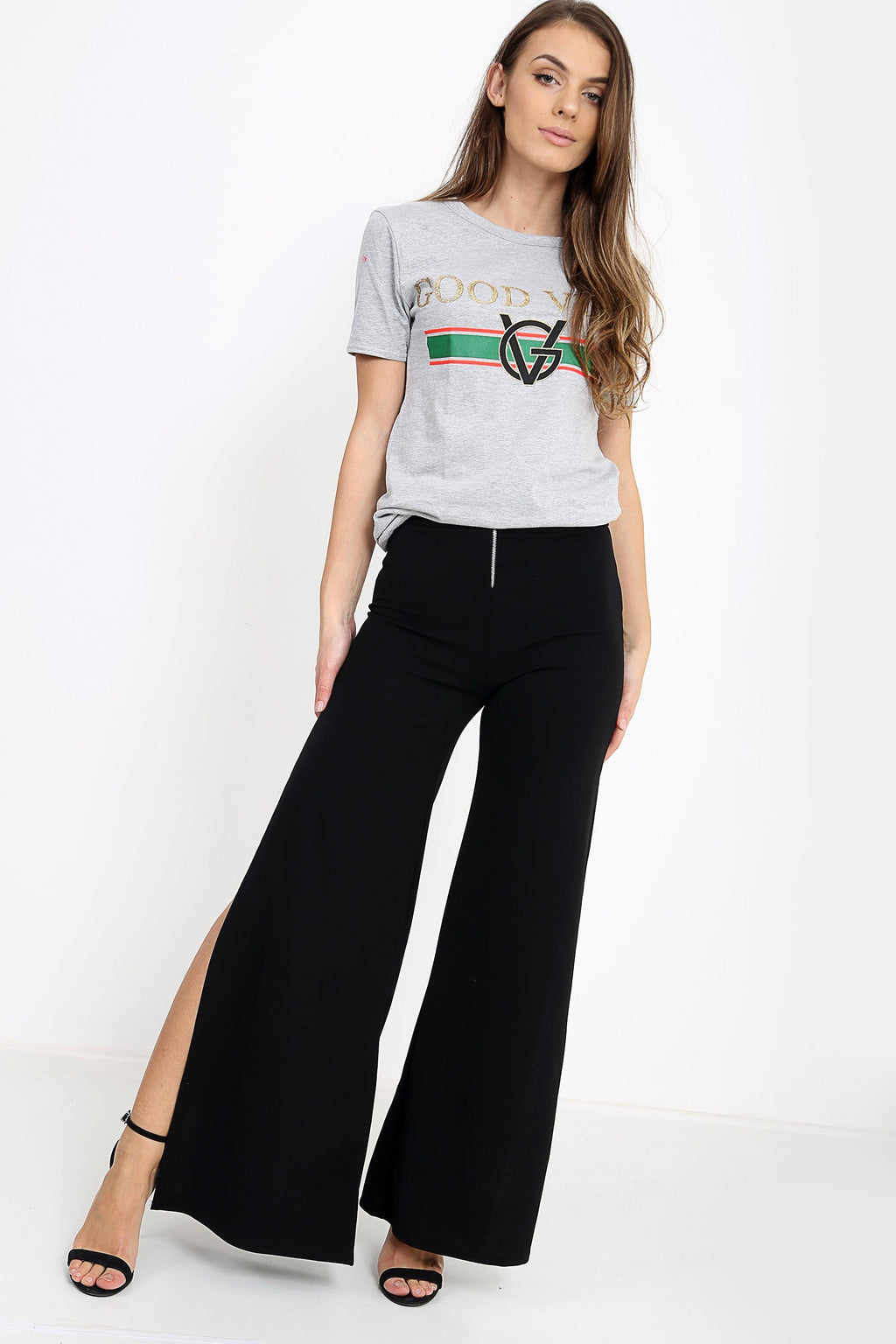 Side Split Zip Front Wide Leg Trousers