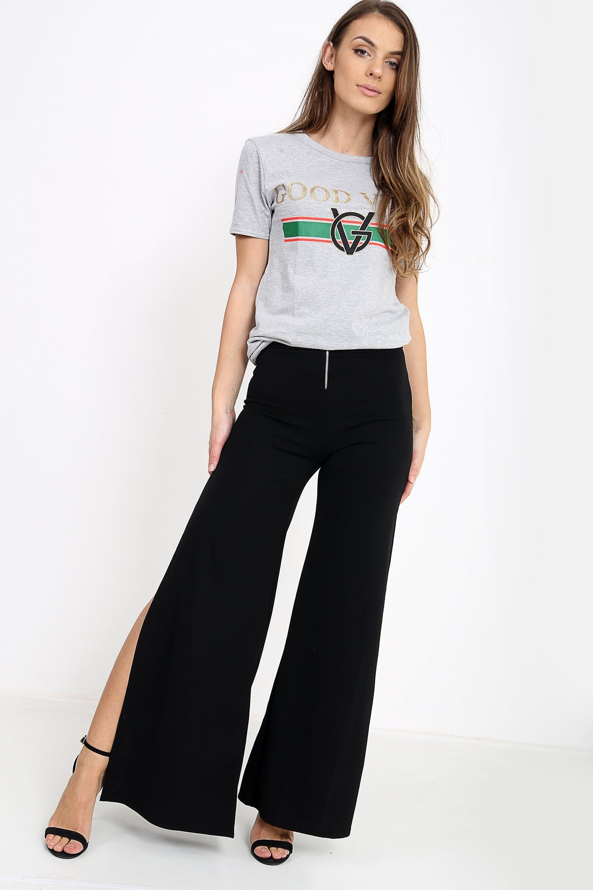 Side Split Zip Front Wide Leg Trousers