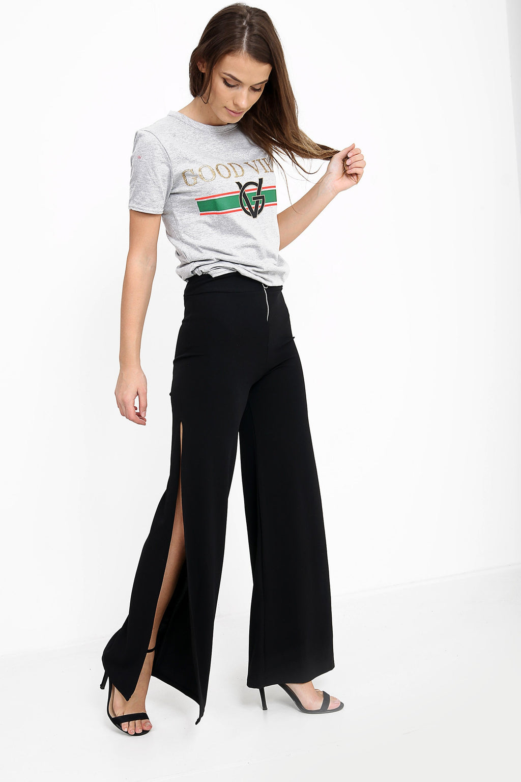 Side Split Zip Front Wide Leg Trousers