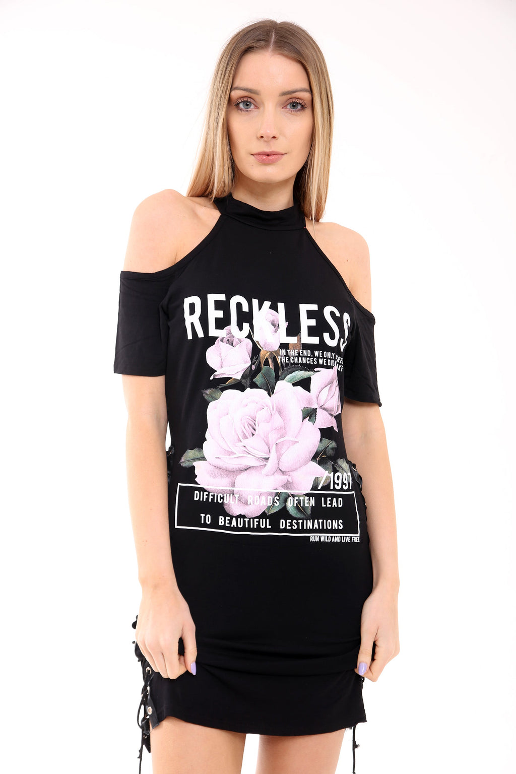 "Reckless" Side Lace Trim Choker Neck T Shirt Dress