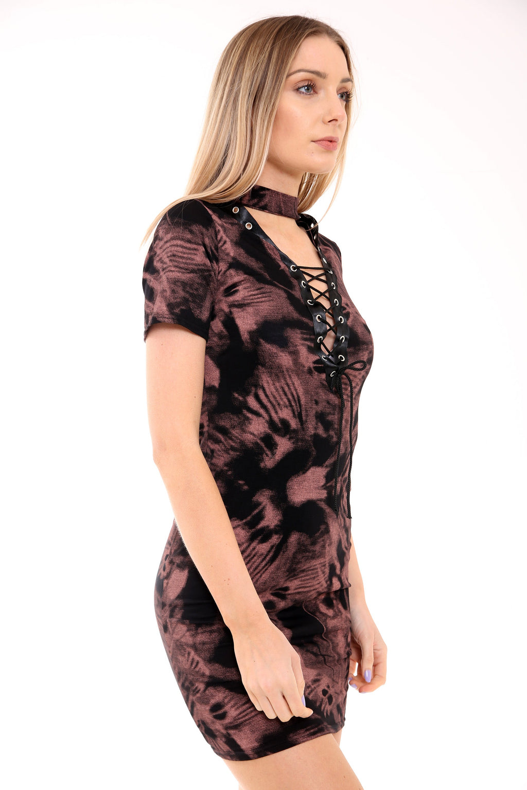 Tie Dye Eyelet Choker Neck T Shirt Dress