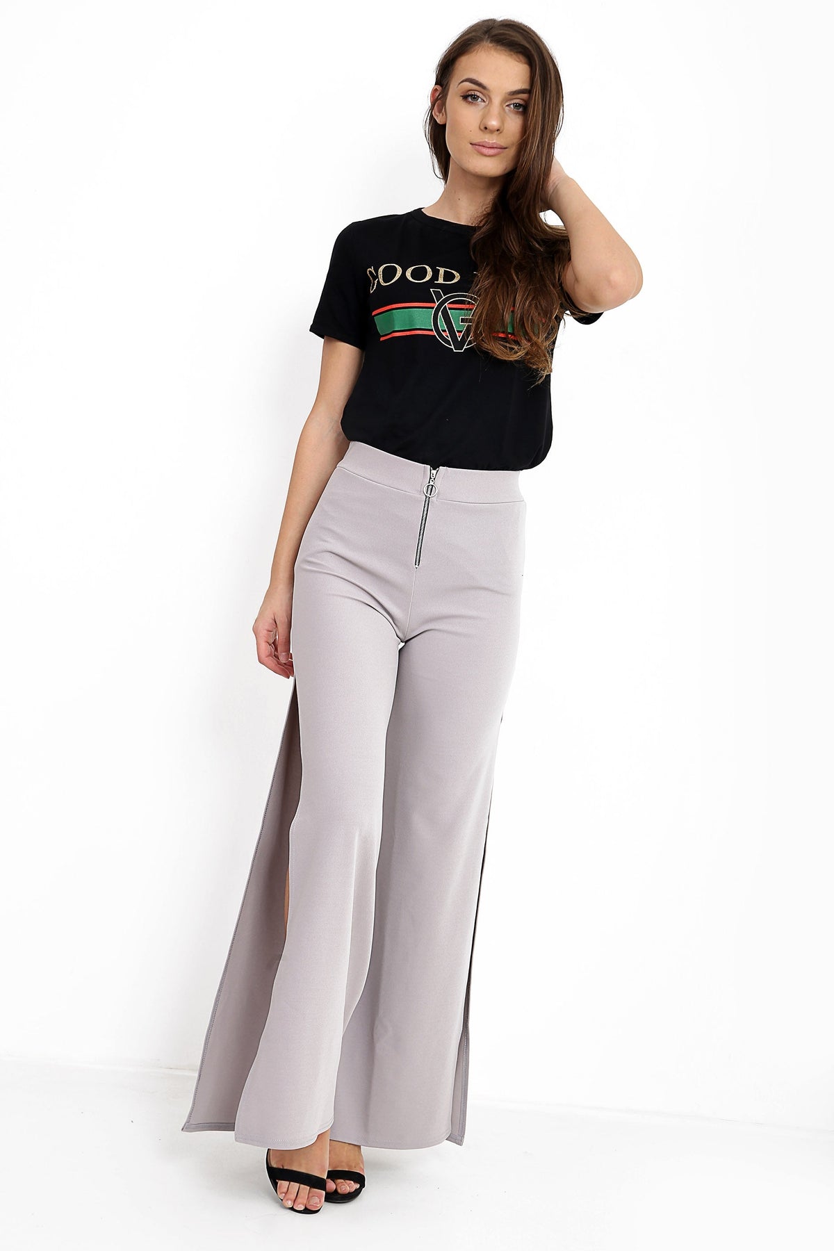 Side Split Zip Front Wide Leg Trousers