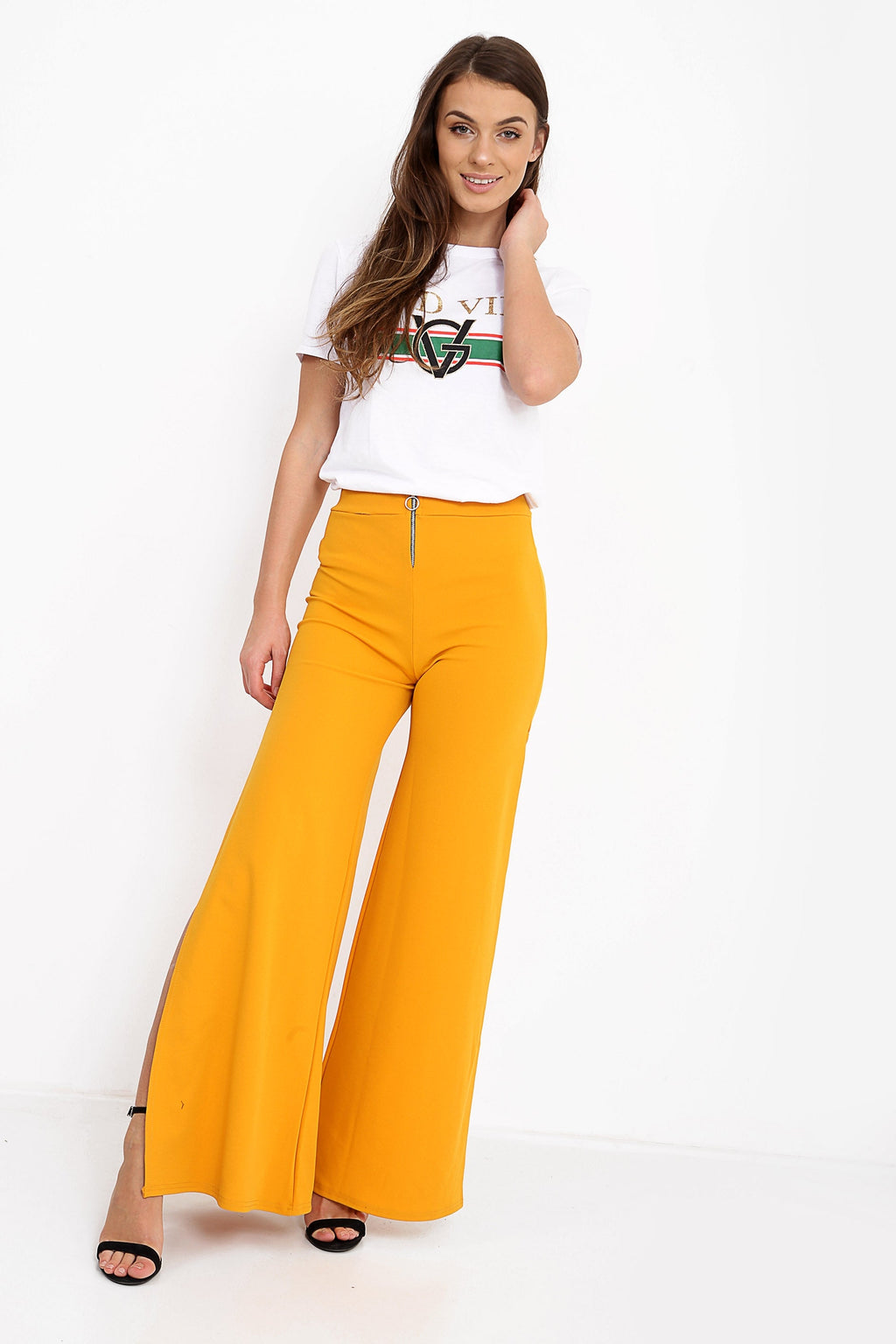Side Split Zip Front Wide Leg Trousers