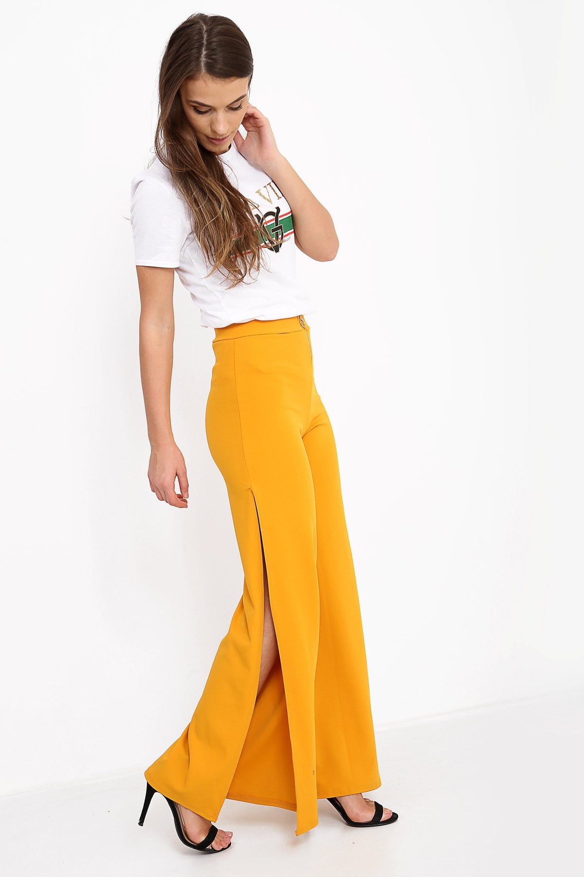 Side Split Zip Front Wide Leg Trousers