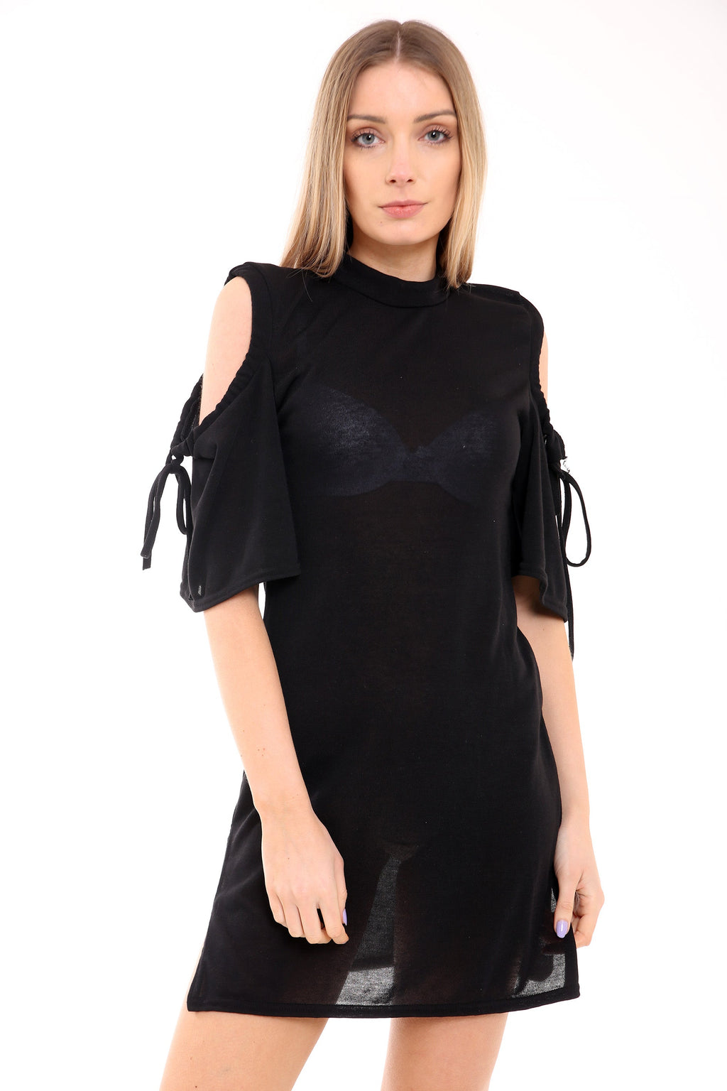 Gathered Cold Shoulder Side Slit Bodycon T Shirt Dress