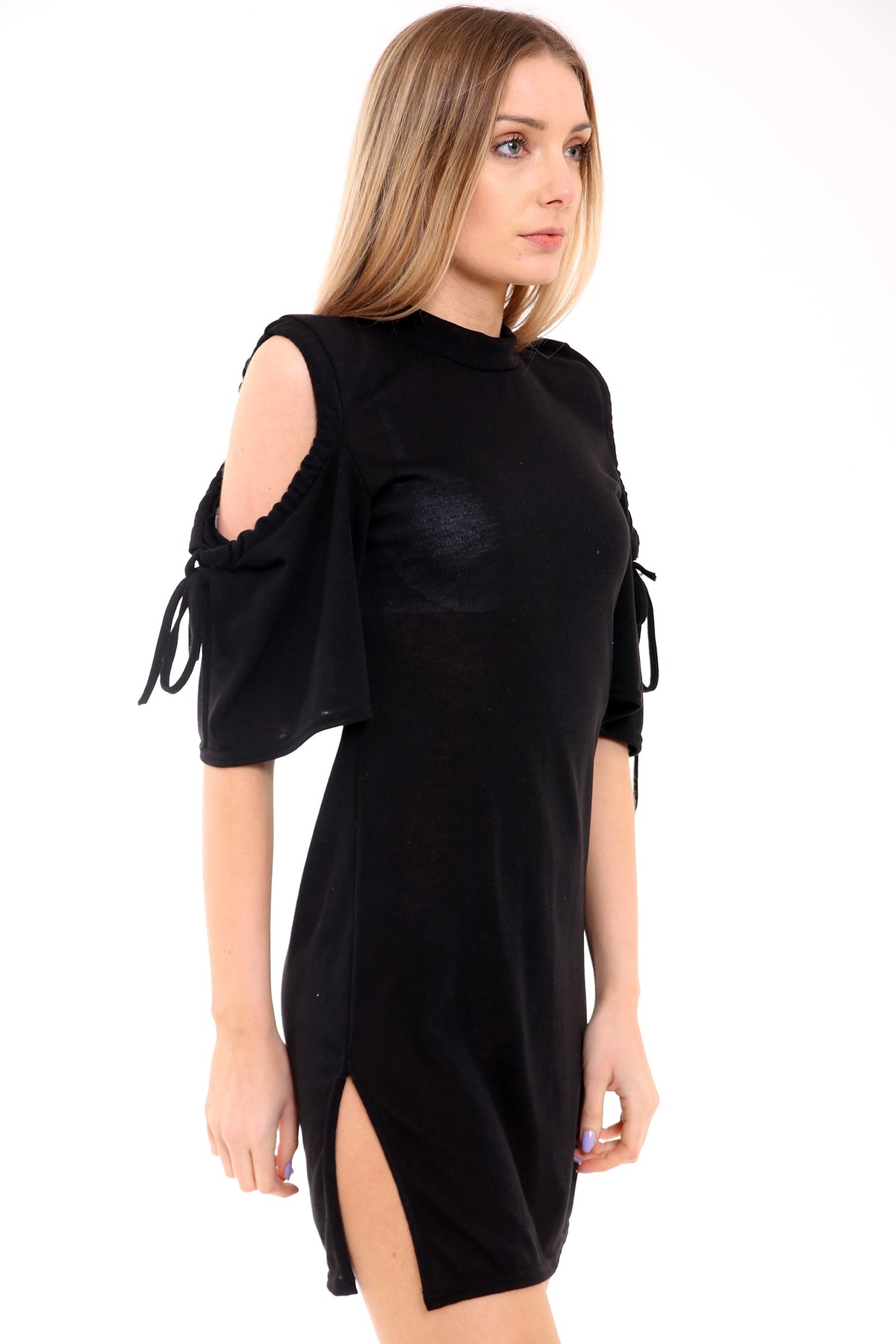 Gathered Cold Shoulder Side Slit Bodycon T Shirt Dress