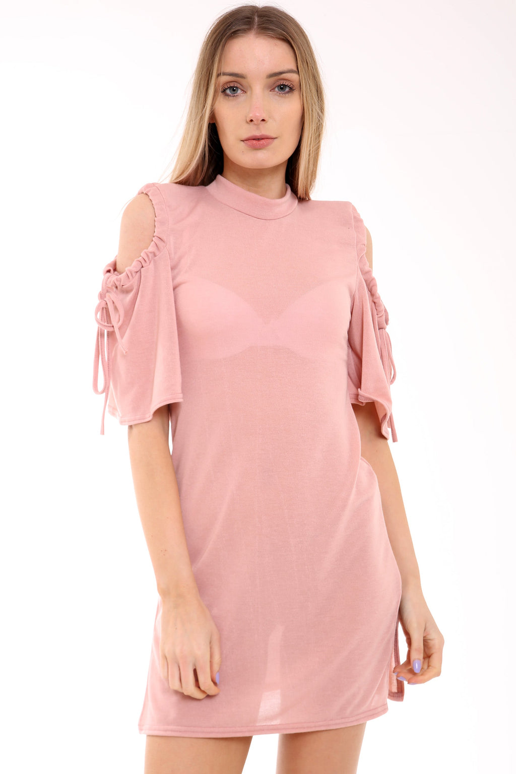 Gathered Cold Shoulder Side Slit Bodycon T Shirt Dress