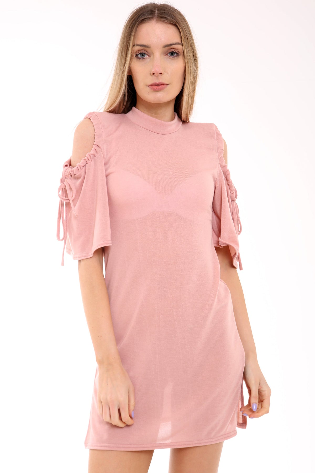 Gathered Cold Shoulder Side Slit Bodycon T Shirt Dress