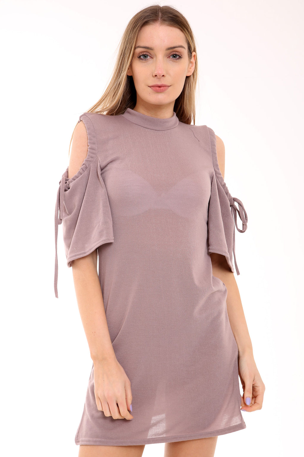 Gathered Cold Shoulder Side Slit Bodycon T Shirt Dress