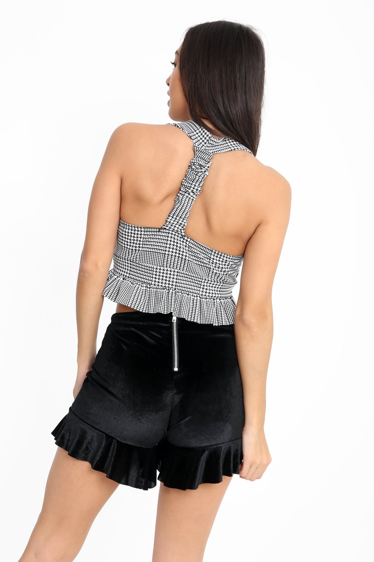 Dogtooth Ruched Frill Plunge Crop Top