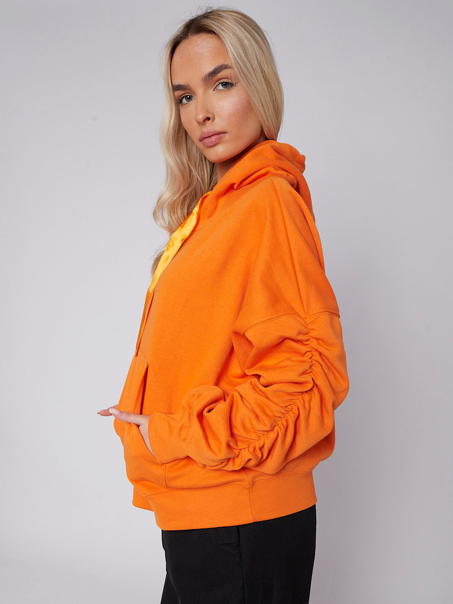 Ribbon Drawstring Ruched Sleeves Fleeced Hoodie