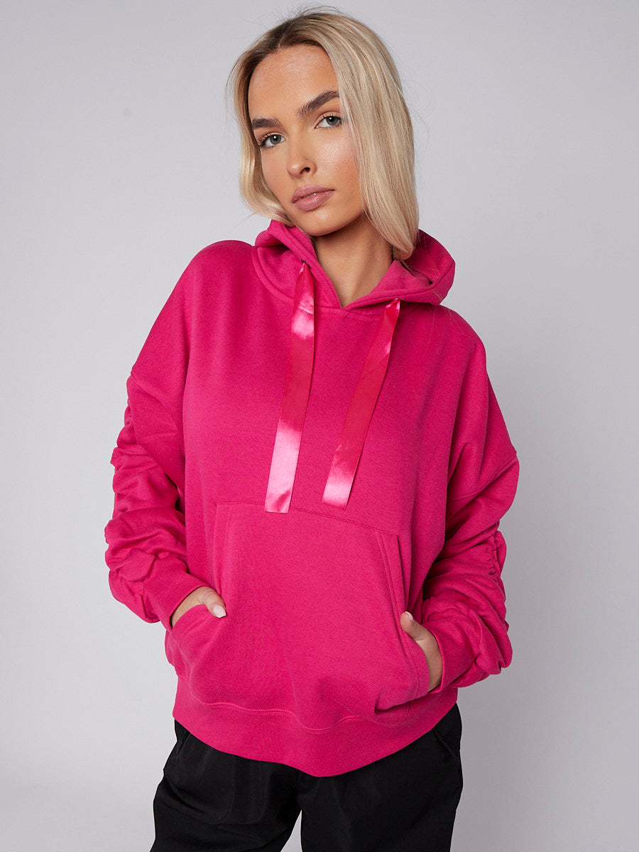 Ribbon Drawstring Ruched Sleeves Fleeced Hoodie