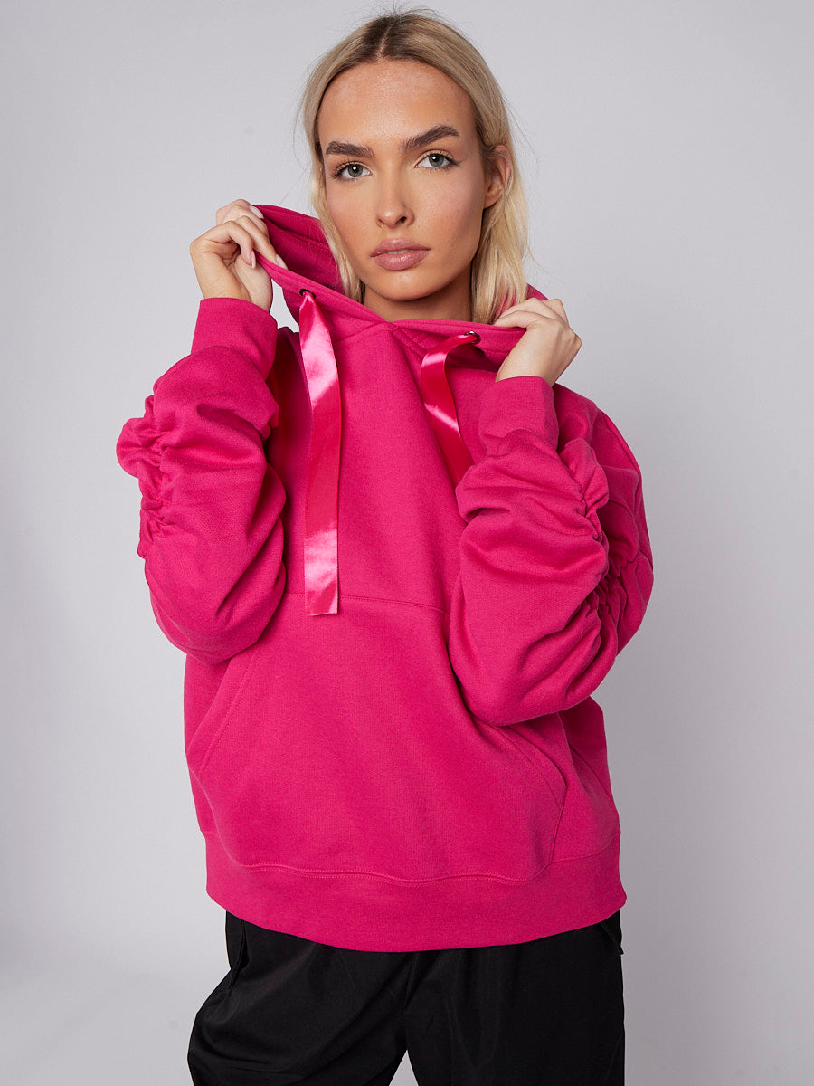Ribbon Drawstring Ruched Sleeves Fleeced Hoodie