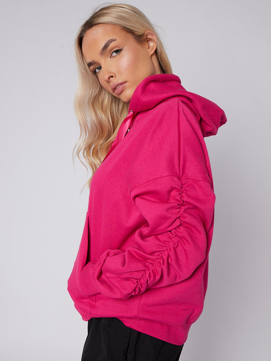 Ribbon Drawstring Ruched Sleeves Fleeced Hoodie