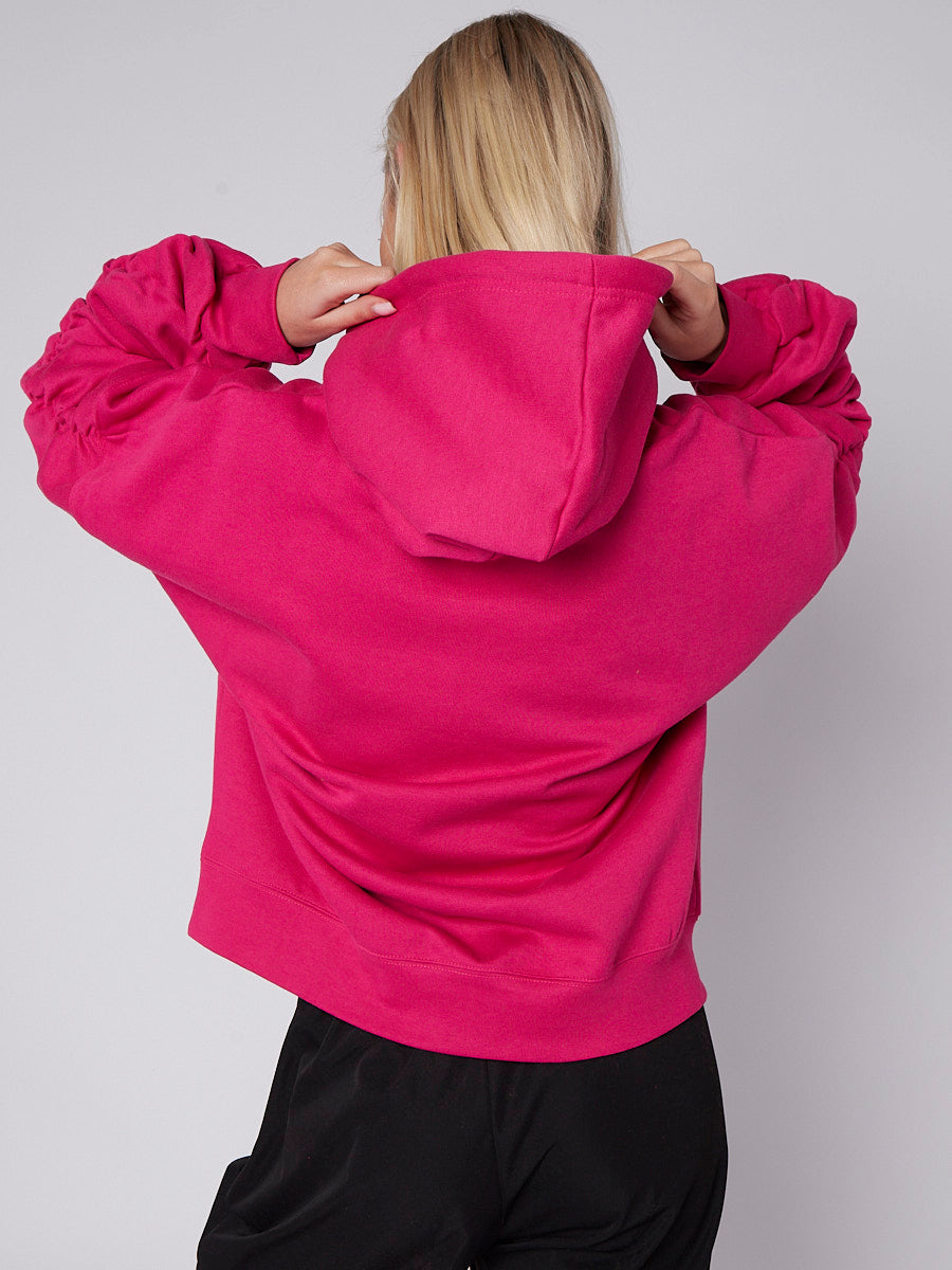 Ribbon Drawstring Ruched Sleeves Fleeced Hoodie
