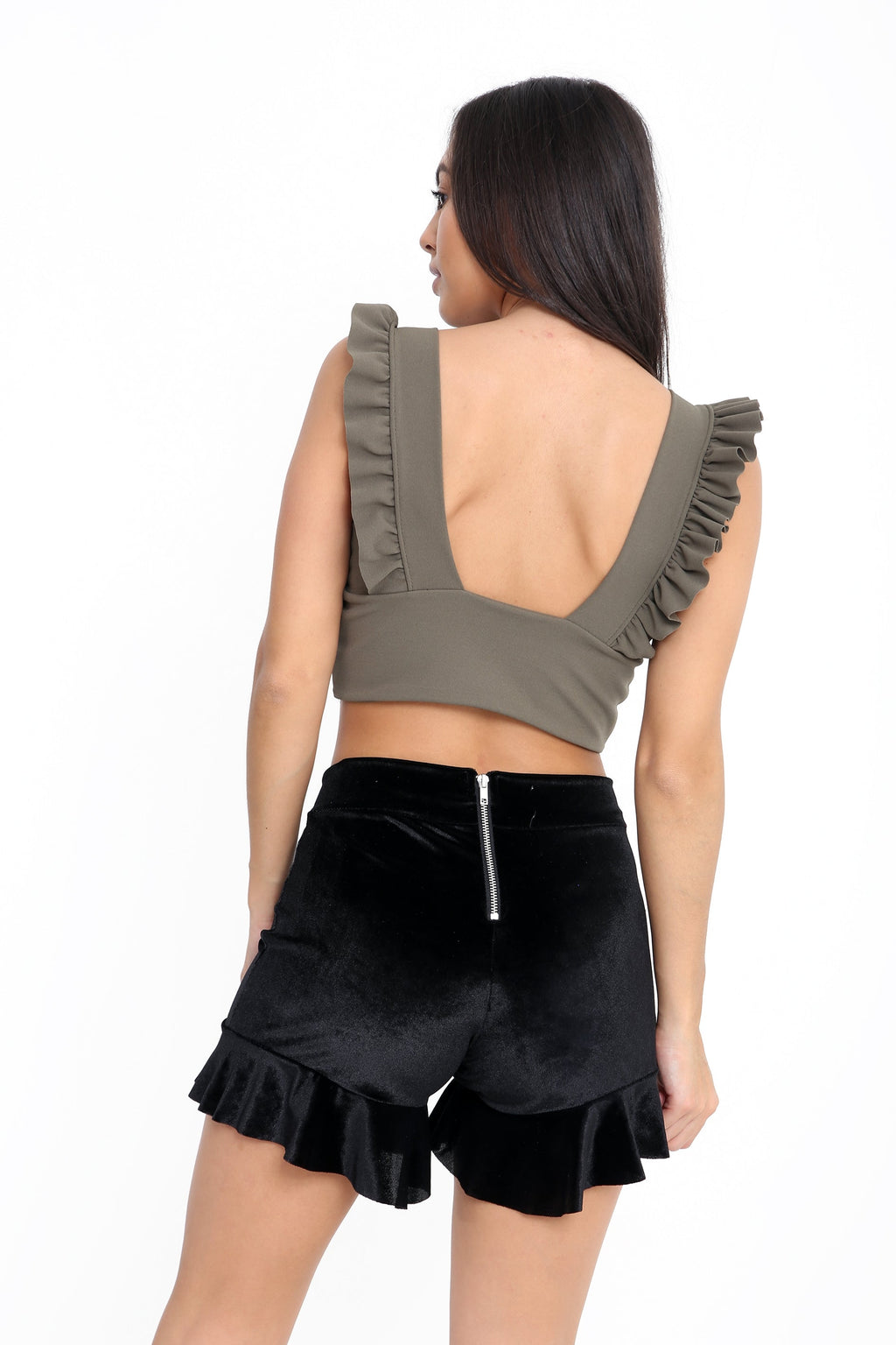 Ruched Frill Strap Plunge Crop Top