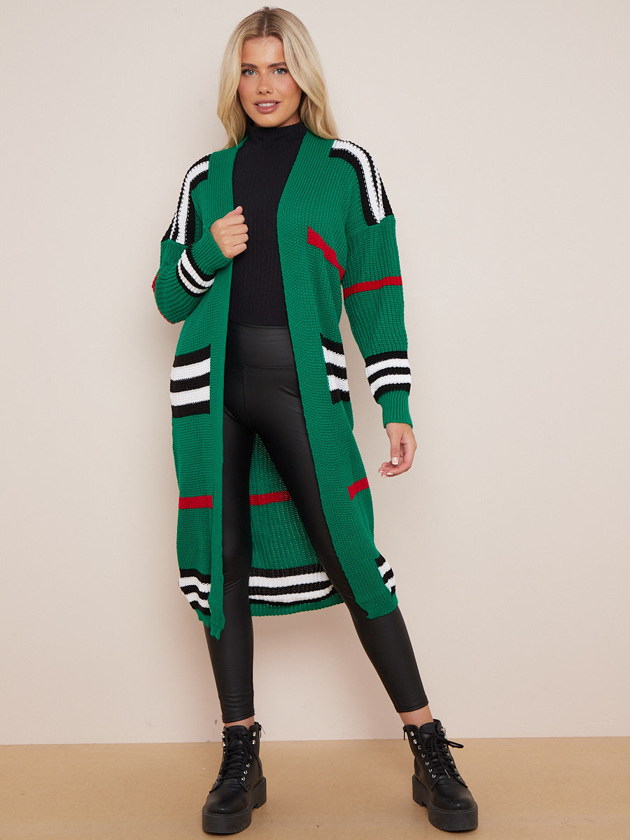 Striped Longline Knitted Open Cardigan