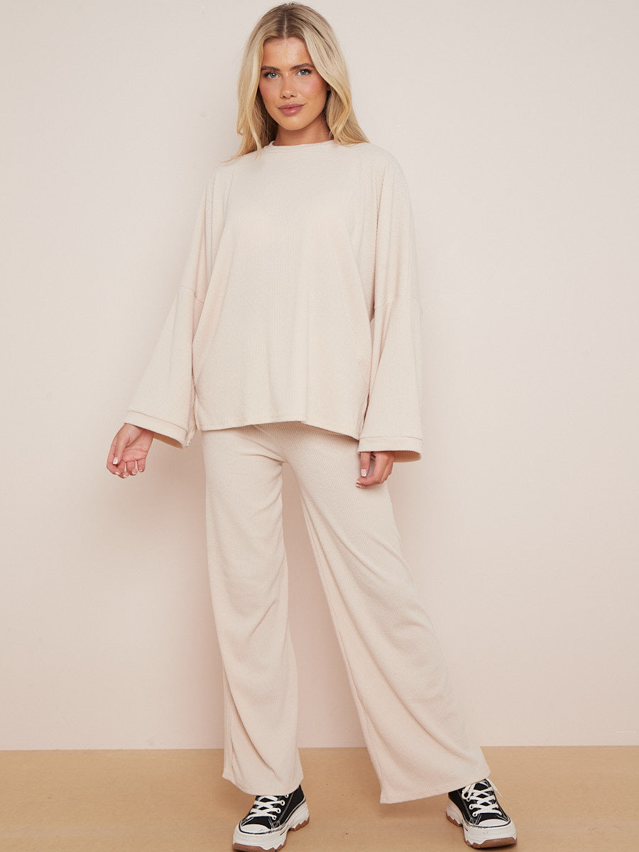 Oversized Soft Ribbed Top & Trouser Lounge Set