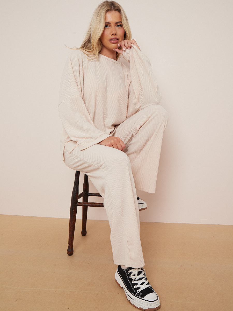 Oversized Soft Ribbed Top & Trouser Lounge Set