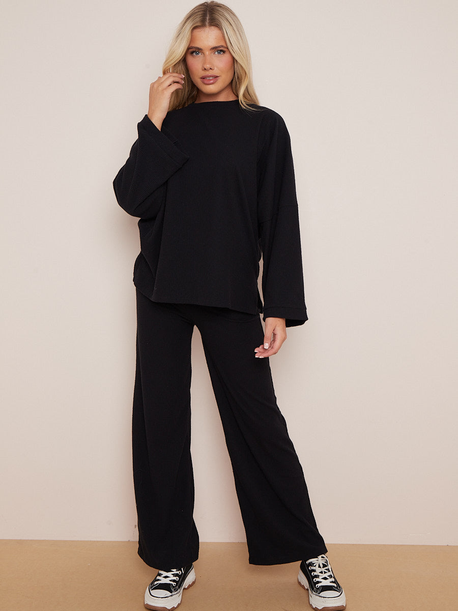 Oversized Soft Ribbed Top & Trouser Lounge Set