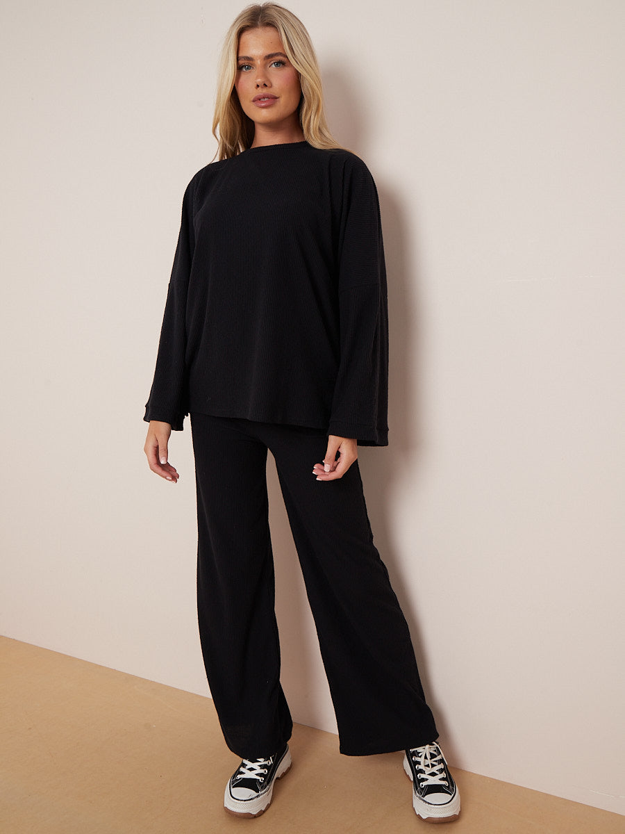 Oversized Soft Ribbed Top & Trouser Lounge Set