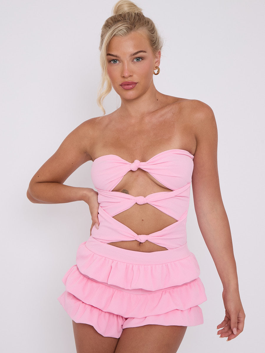 Ruffle Skirt Skort & Cut Out Knot Front Bandeau Bodysuit Co-ord