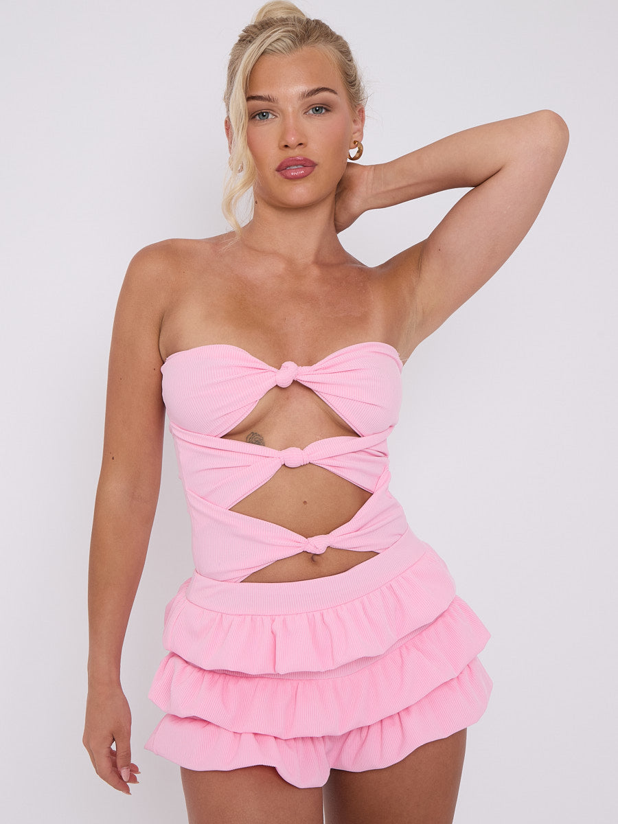 Ruffle Skirt Skort & Cut Out Knot Front Bandeau Bodysuit Co-ord