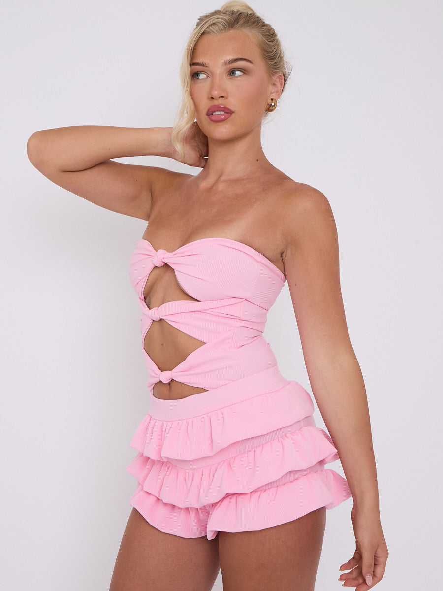 Ruffle Skirt Skort & Cut Out Knot Front Bandeau Bodysuit Co-ord