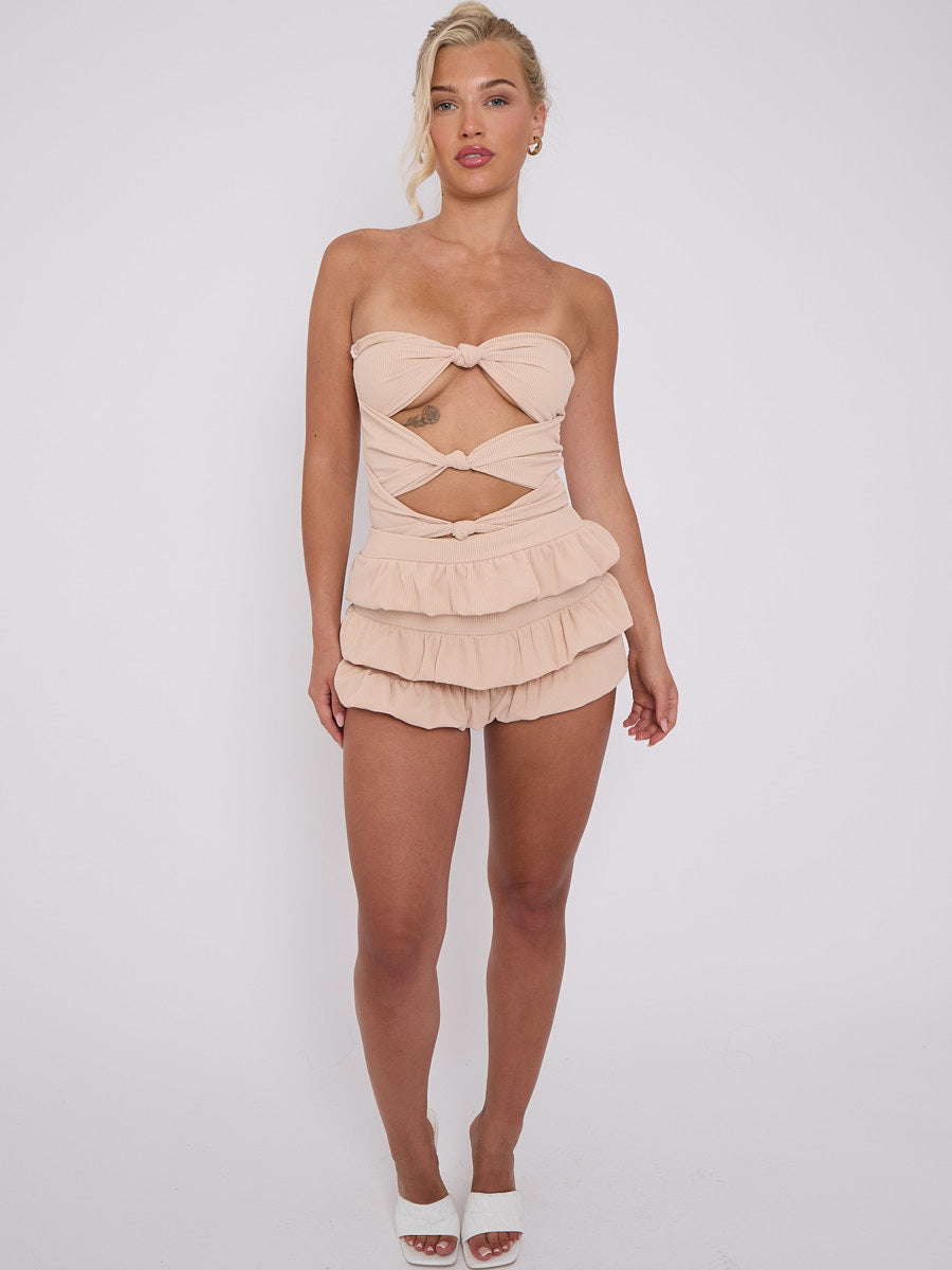 Ruffle Skirt Skort & Cut Out Knot Front Bandeau Bodysuit Co-ord
