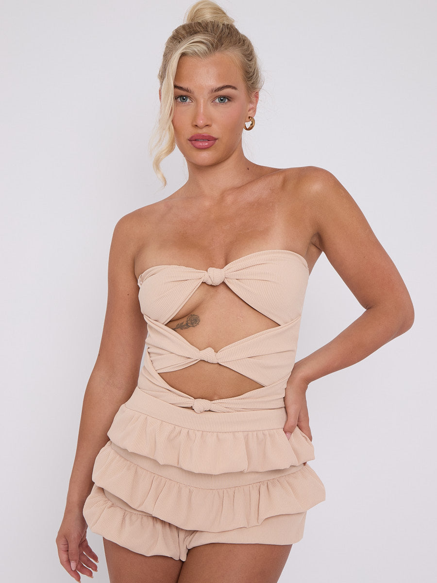 Ruffle Skirt Skort & Cut Out Knot Front Bandeau Bodysuit Co-ord