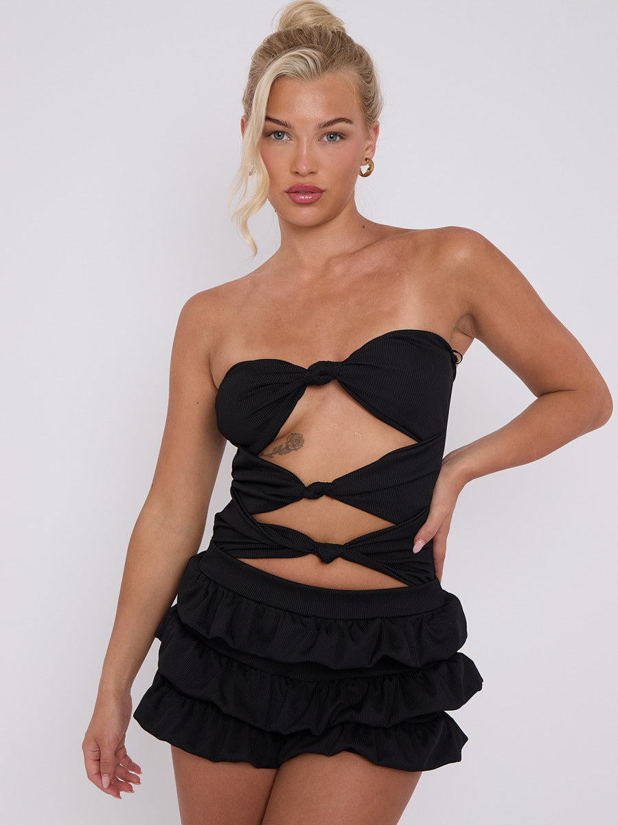 Ruffle Skirt Skort & Cut Out Knot Front Bandeau Bodysuit Co-ord